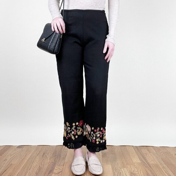 Vintage Embroidered Floral Ruffle Lace Pants Coquette Girl Cottagecore Trousers - Picture 1 of 10